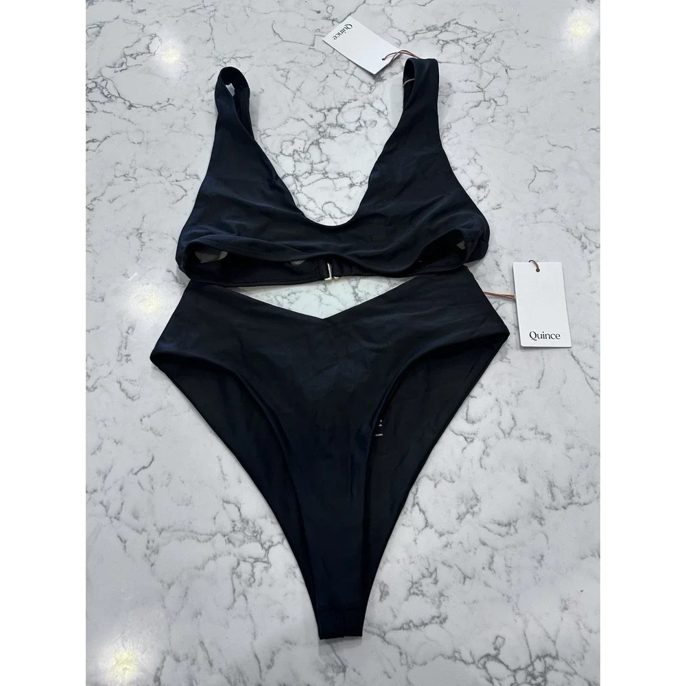 NWT Quince Black Italian Plunge Bikini Top & V Cut High Leg Bottom Set Medium